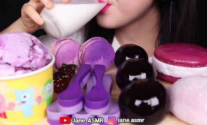 Jane 无人声 ASMR 紫色甜点* BTS冰淇淋，食用勺，马卡龙冰淇淋，葡萄干果冻보