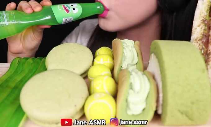 Jane 无人声 ASMR绿色食品*网球胶，绿茶蛋饼，NUTELLA吐司，果冻面条먹방食用声音