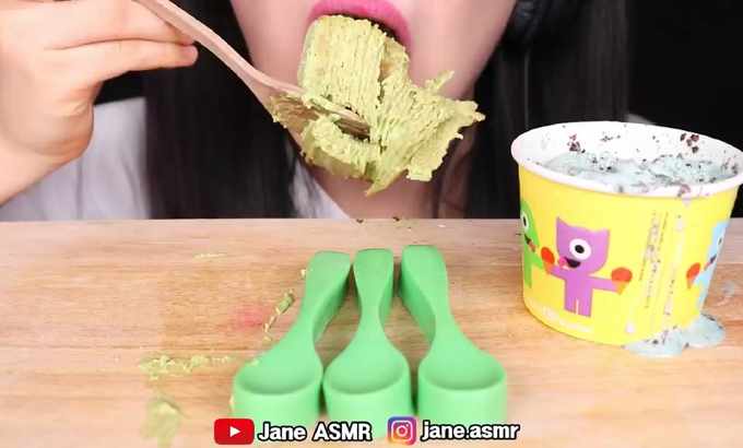 Jane 无人声 ASMR绿色食品*冰激凌，食用勺，绿色茶饼，果冻食用勺子，冰淇淋食用室食用声音