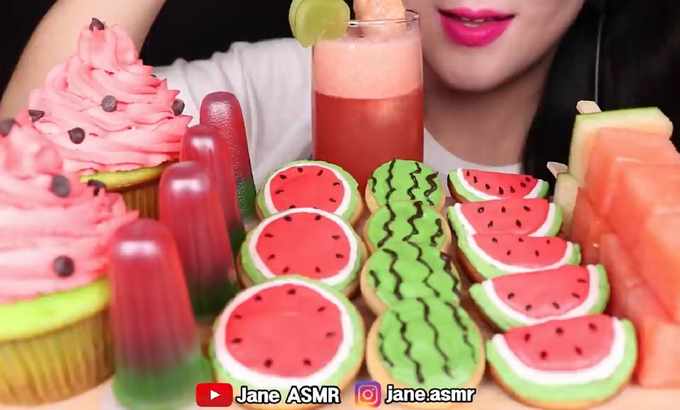 Jane 无人声 ASMR 西瓜甜品*糖饼干糖霜，杯子蛋糕，果冻西瓜糖霜饼干，西瓜蛋糕小食店饮食声音