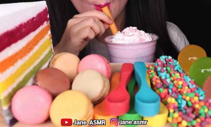 Jane 无人声 ASMR 彩虹食品*食用斯潘，独角兽罢工，彩虹蛋糕，书呆子绳子胶彩虹饮食声音