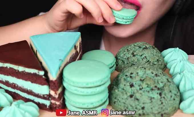 Jane 无人声 ASMR 薄荷巧克力食品*层状蛋糕，薄荷奥利奥饼干薄荷巧克力Mukbang食用声音