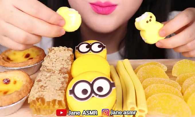 Jane 无人声 ASMR 黄甜品 *小碎肉，葡萄牙蛋挞，蜂巢，BUNNY蜂巢蜜，蛋挞，果冻Meokbang饮食声音