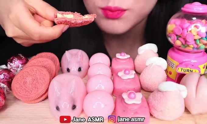 Jane ASMR 粉红色食物 *变色饮料、冰裂声、果冻果冻 变色饮料吃播 吃的声音