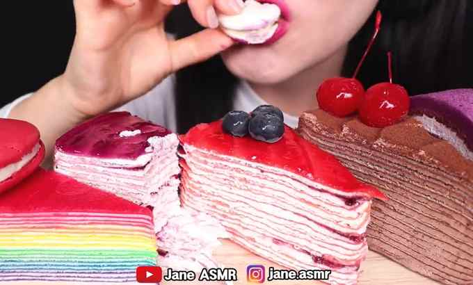 Jane ASMR 可丽饼 *彩虹、巧克力、草莓、蓝莓、卷饼 可丽饼蛋糕吃播的声音